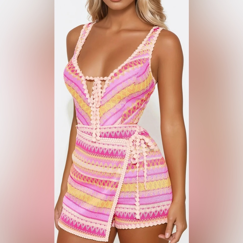 Fashion Nova Pink & Yellow Crochet Romper